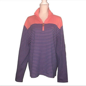 CROWN & IVY Sz XL Women's Blue & Coral Striped 1/4 Zip Long Sleeve Top Shirt